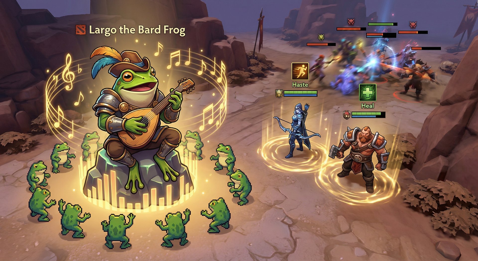 Largo performing Amphibian Rhapsody ultimate strumming his lute in Dota 2