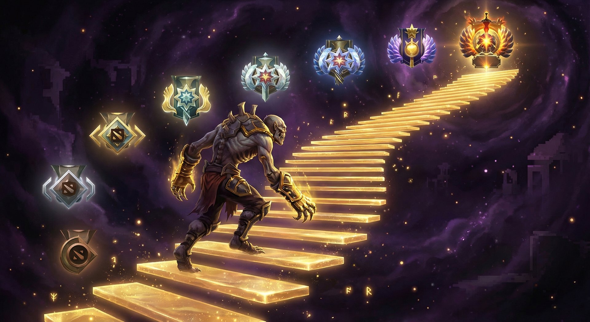 Lifestealer climbing MMR ranks from Herald to Immortal with gold accents