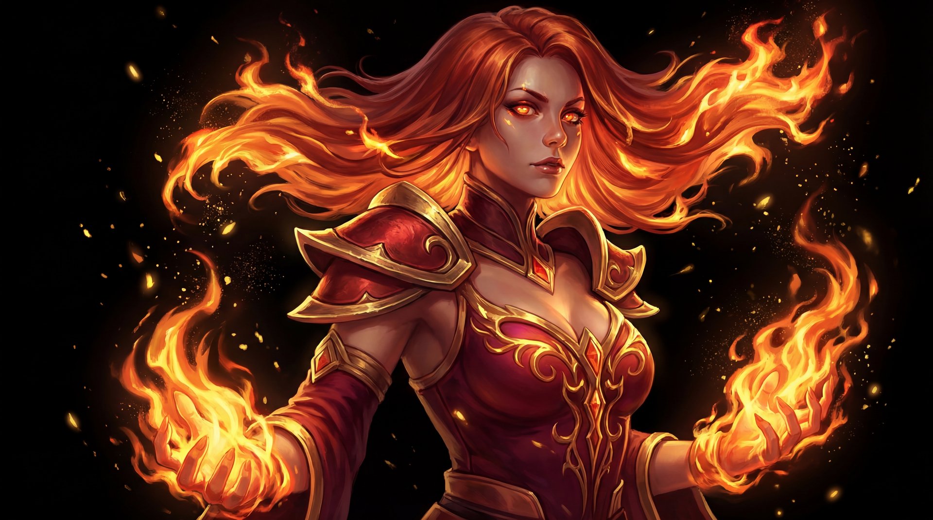 Lina the Slayer cinematic portrait with gold accents on black background
