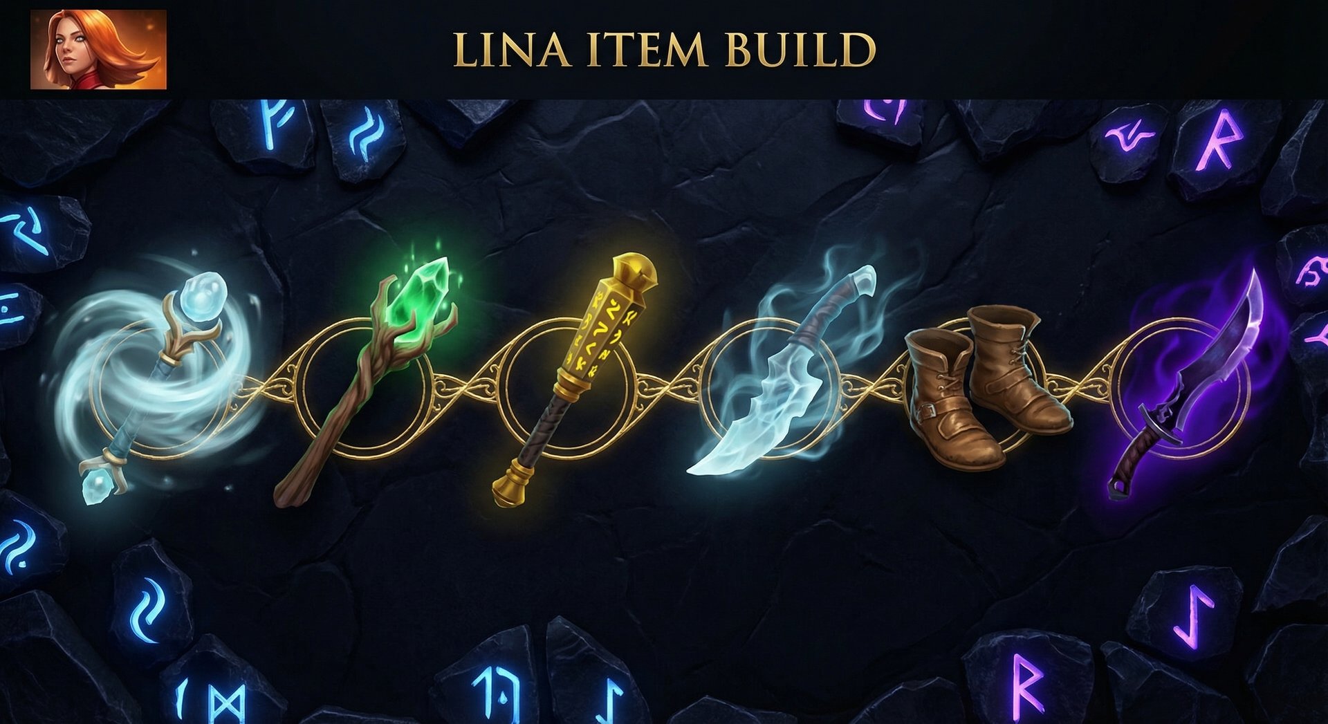 Lina item build progression showing Dota 2 items on dark background