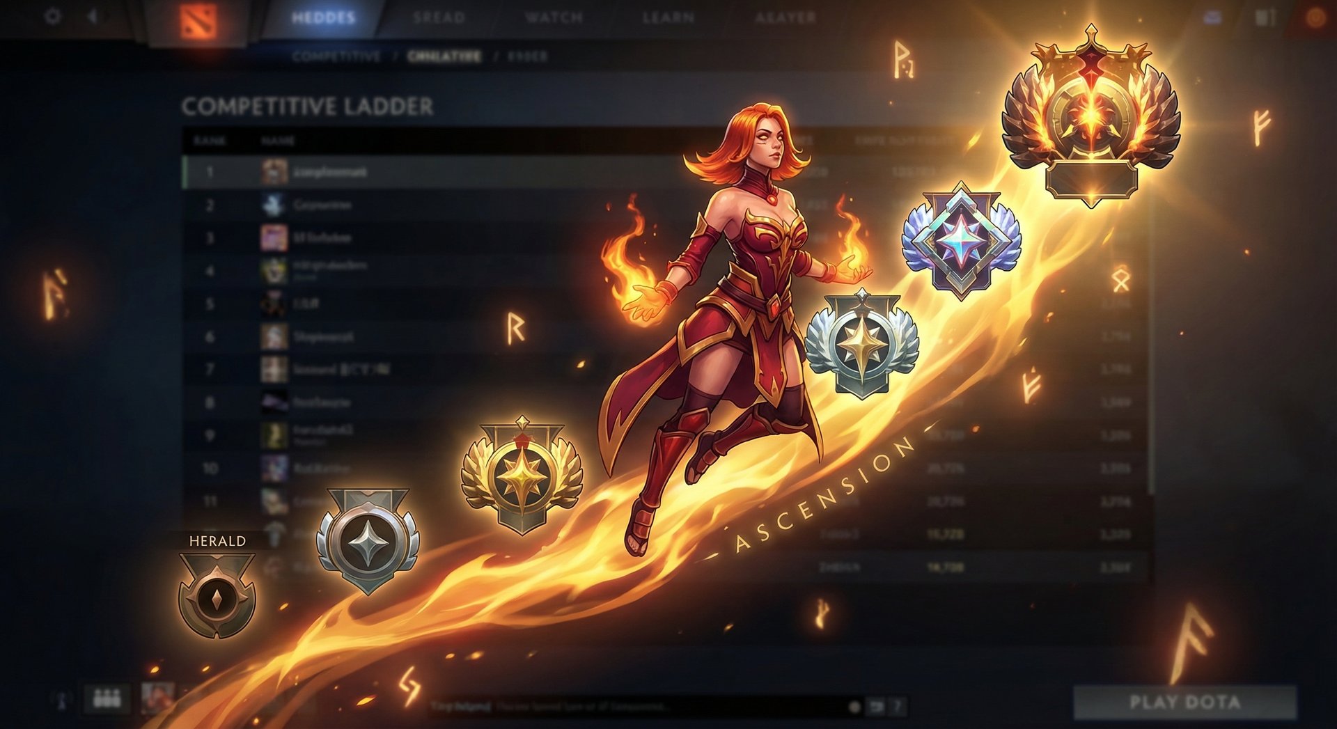 Lina ascending through Dota 2 rank medals from Herald to Immortal