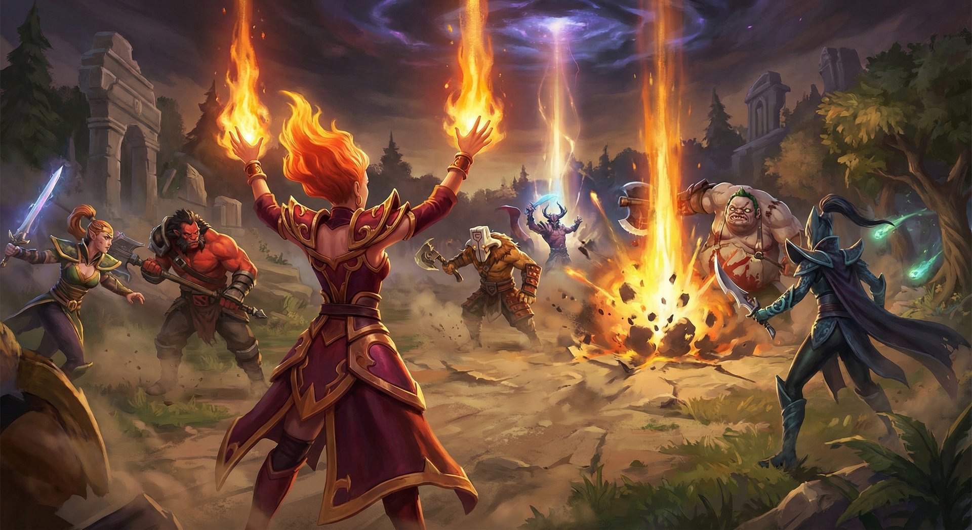 Lina in epic team fight casting spells with fire and explosions