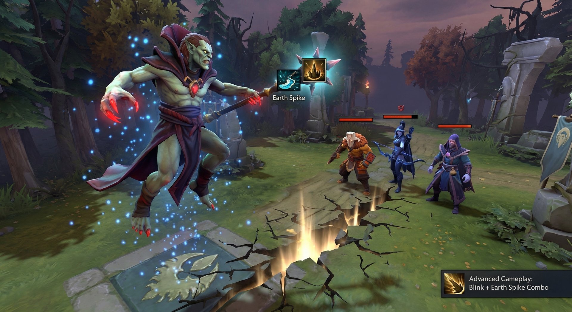 Lion performing an advanced Blink Dagger initiation in Dota 2, blinking into position with blue particles to cast Earth Spike on enemies