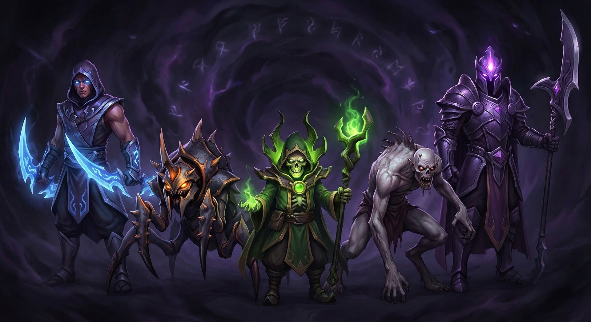 Five Dota 2 heroes that counter Lion lined up in a dramatic group portrait including Anti-Mage and Nyx Assassin