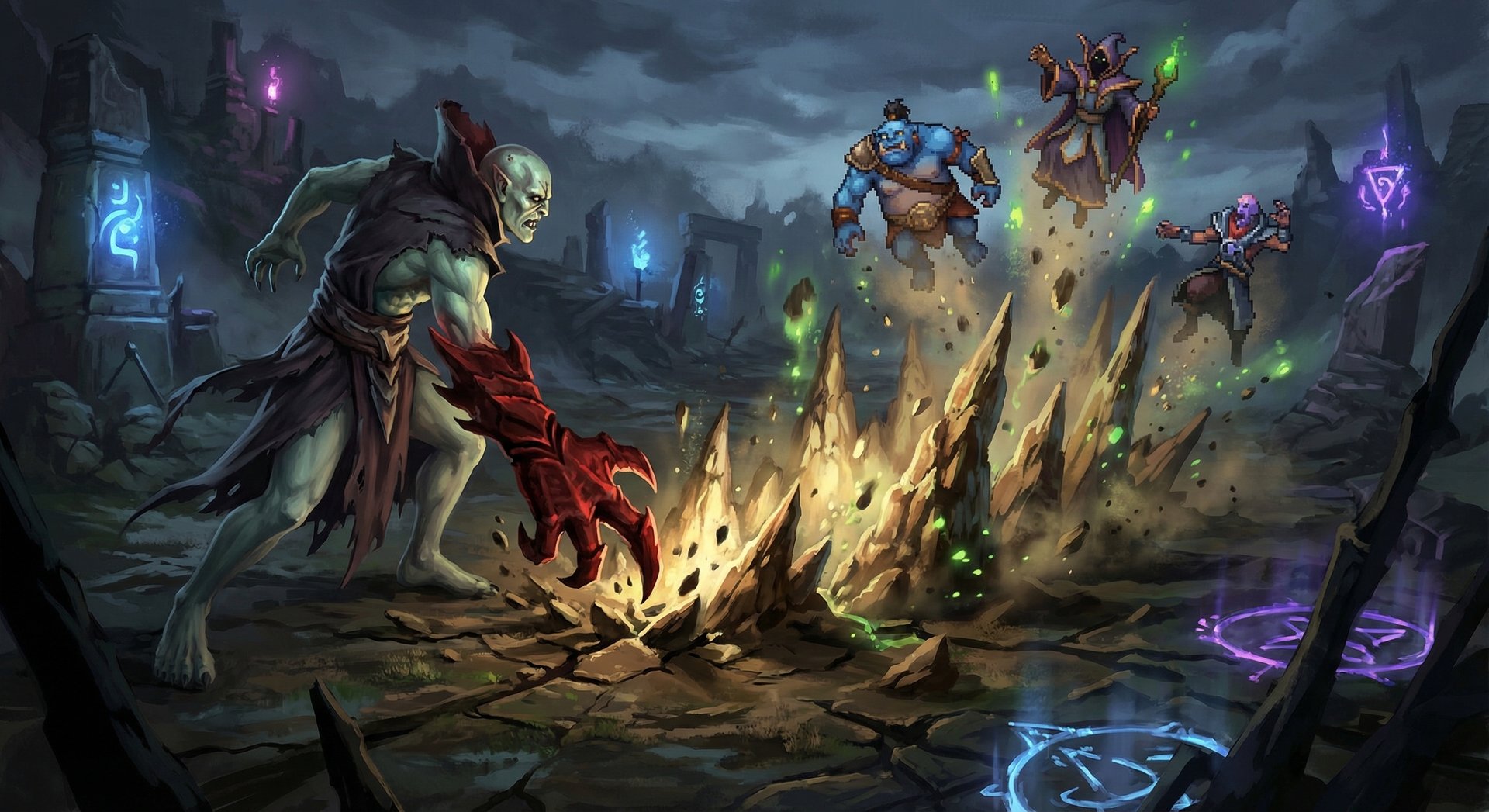 Lion casting Earth Spike ability, sending jagged earth spikes erupting from the ground to stun enemies in Dota 2
