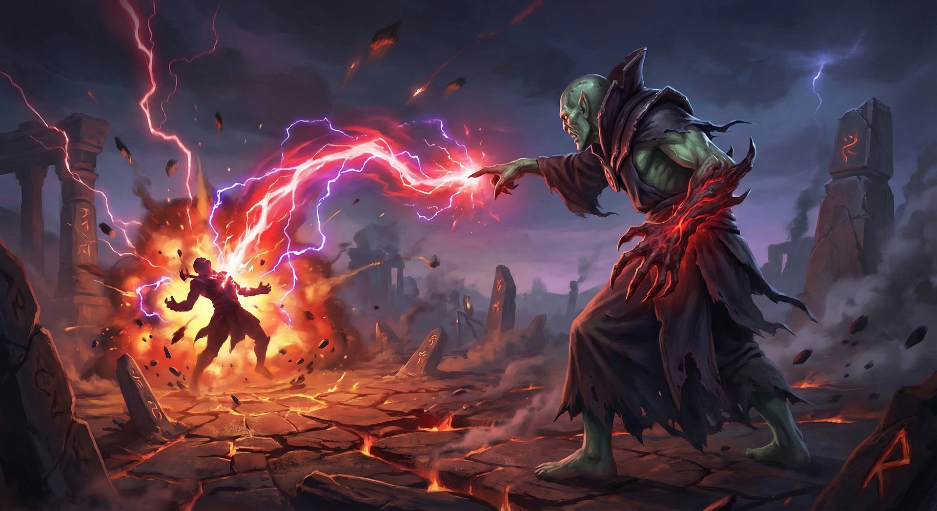 Lion unleashing Finger of Death ultimate ability, channeling a massive beam of red and purple energy at an enemy in Dota 2
