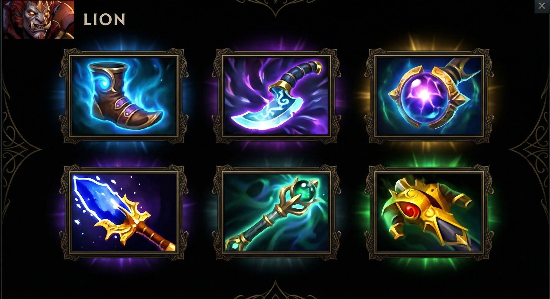 Lion item build progression showing Arcane Boots, Blink Dagger, Aether Lens, and Aghanim's Scepter on dark background