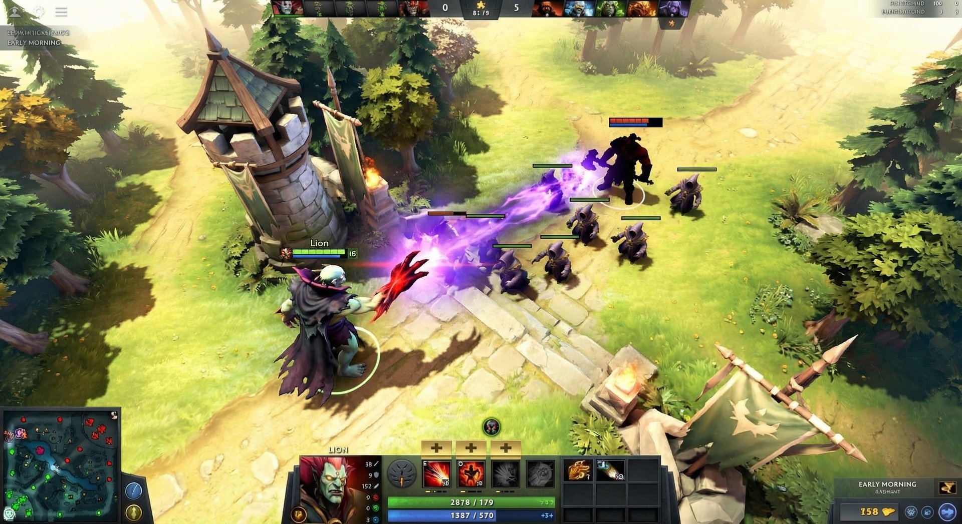 Lion positioning in the Dota 2 laning phase near the safe lane tower, harassing enemy heroes while creeps clash