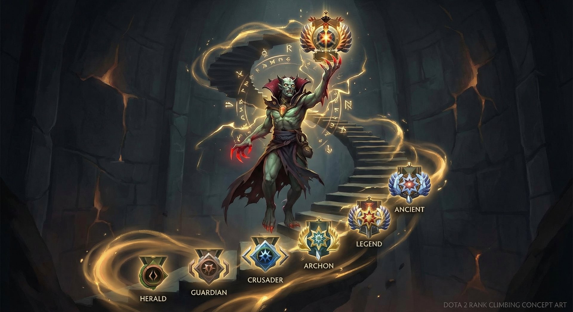 Lion ascending through Dota 2 ranked tiers from Herald to Immortal with gold accents and glowing rank medals