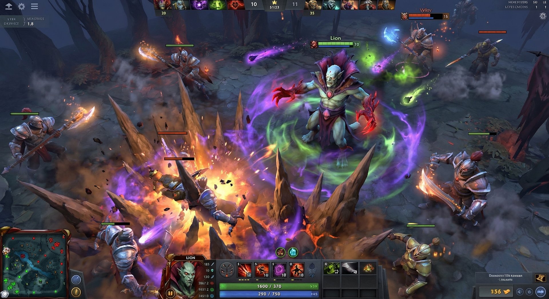 Lion in a massive Dota 2 teamfight, casting spells amidst multiple heroes clashing with magical explosions