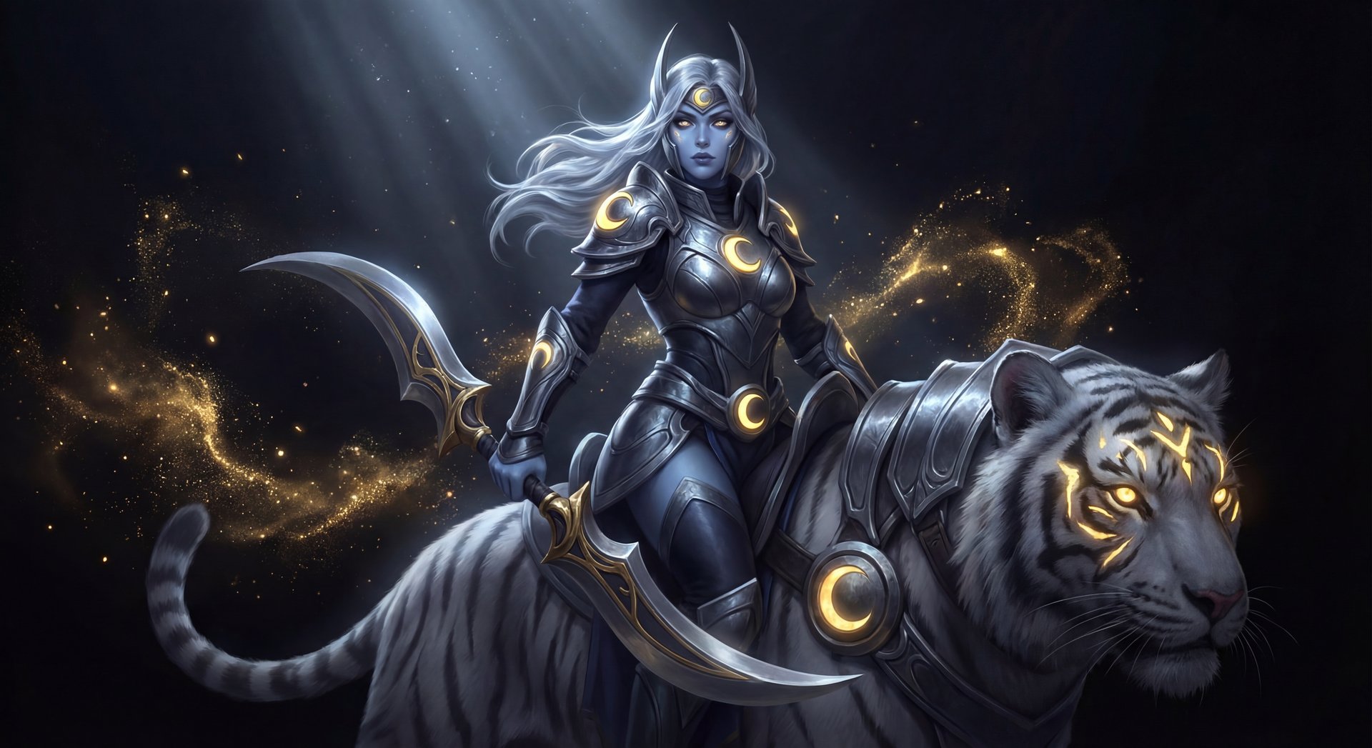 Luna Dota 2 hero portrait with gold accents on black background