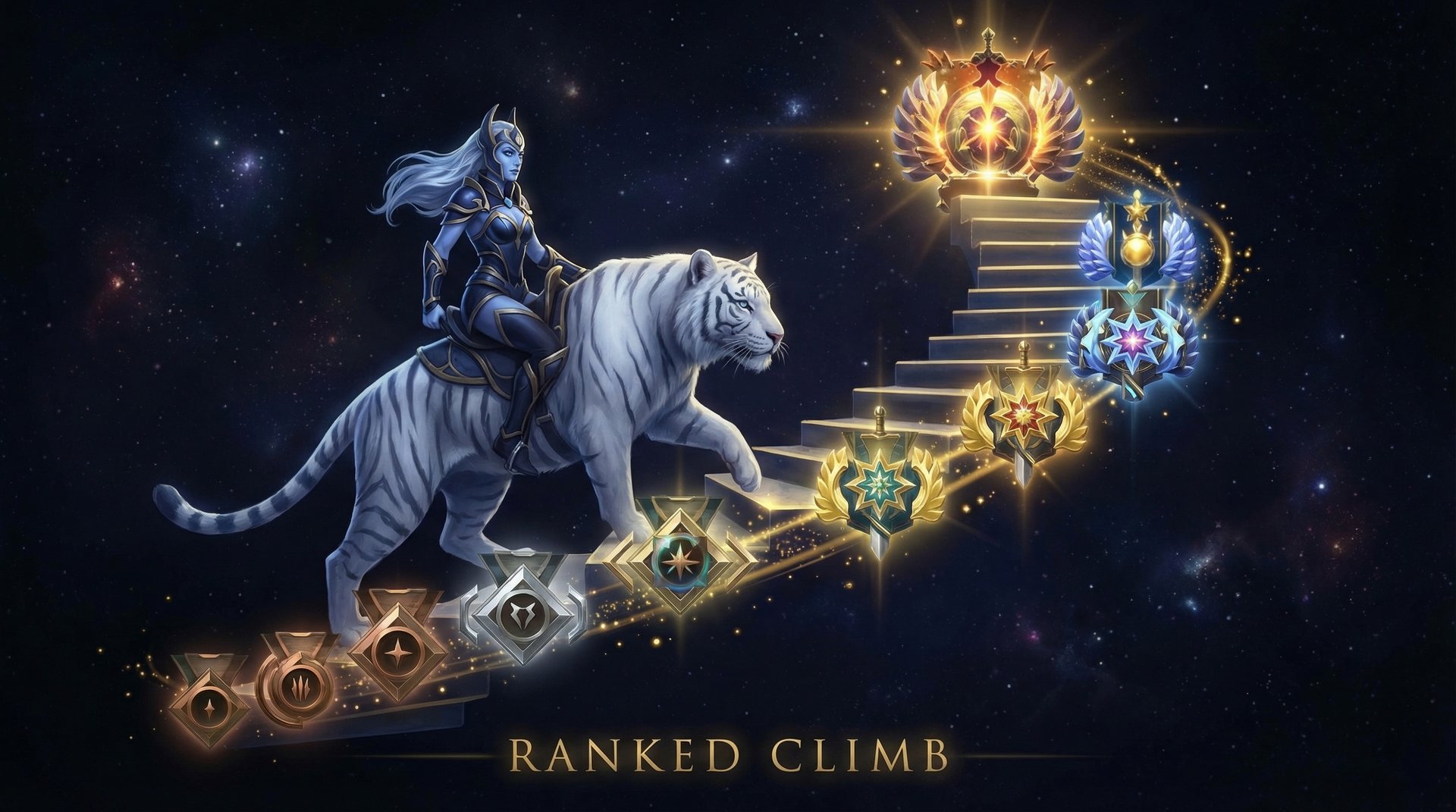 Luna climbing through Dota 2 ranked tiers from Herald to Immortal