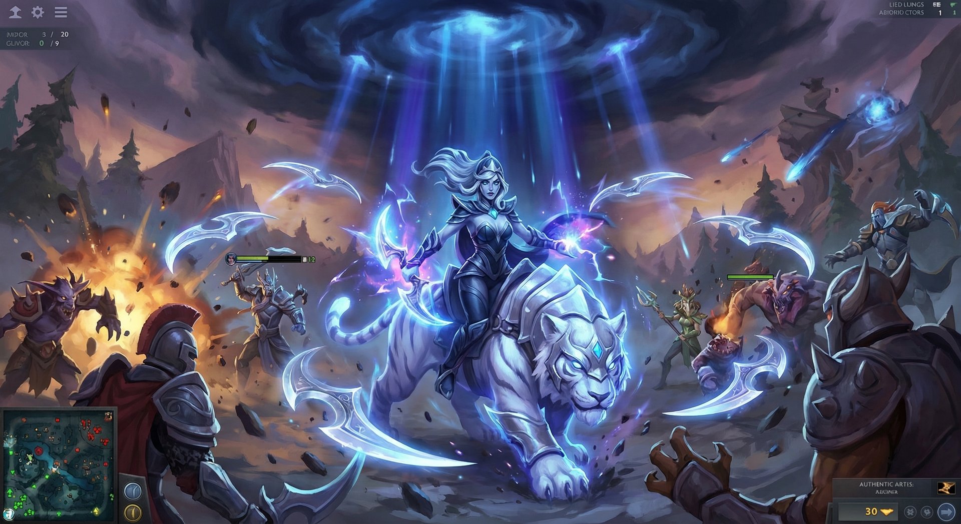 Luna in a Dota 2 team fight with Moon Glaives and Eclipse