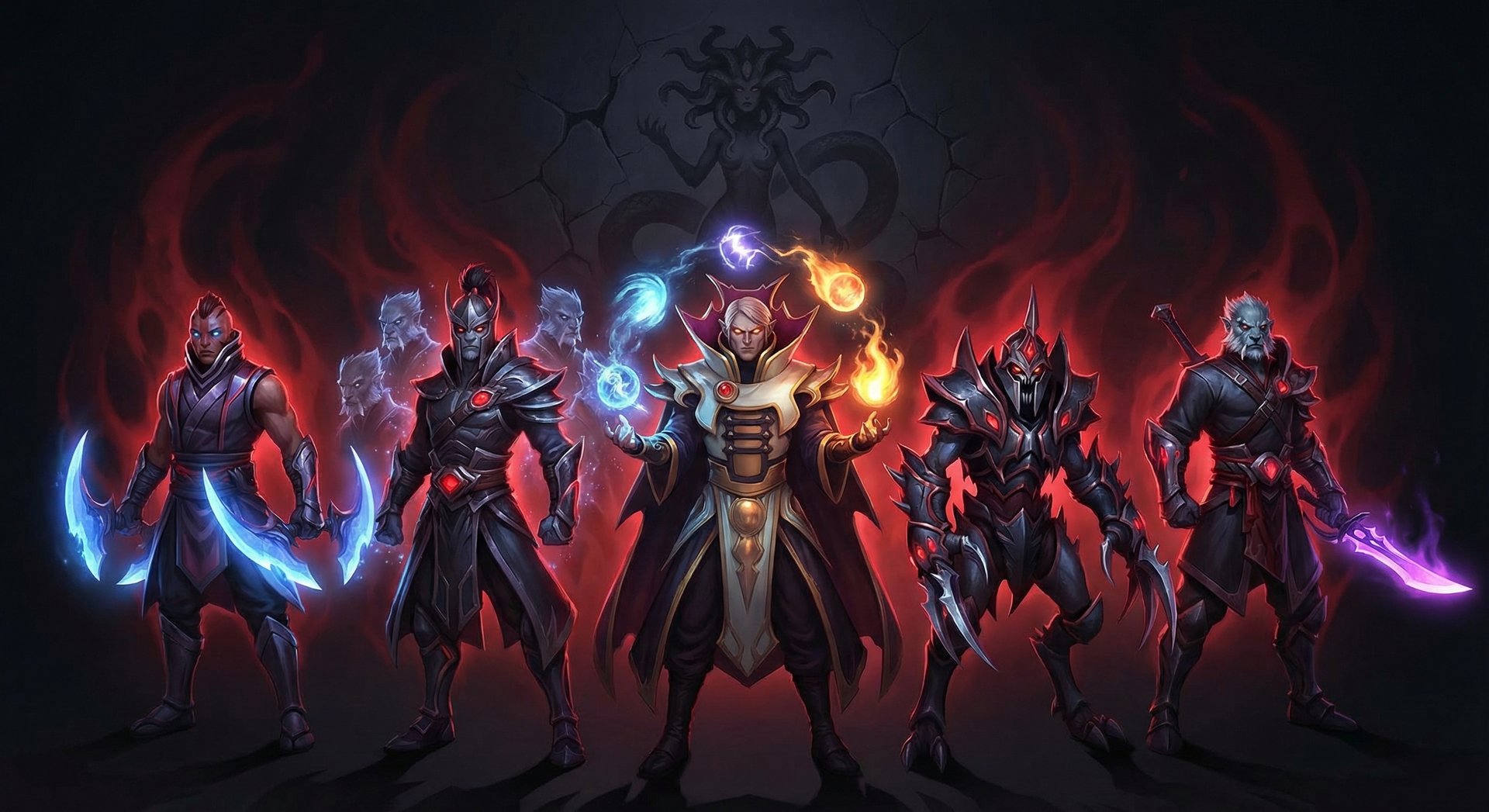 Five Dota 2 counter heroes lineup against Medusa on dark background