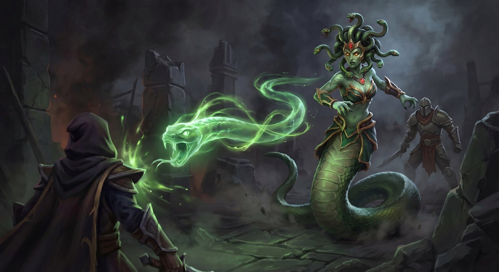 Medusa casting Mystic Snake ability in Dota 2, green serpent projectile bouncing between enemies