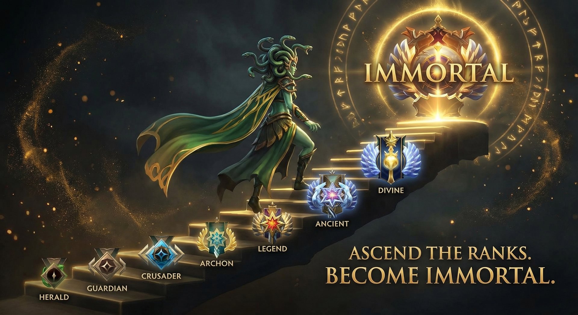 Medusa ascending through Dota 2 ranked tiers from Herald to Immortal with gold accents