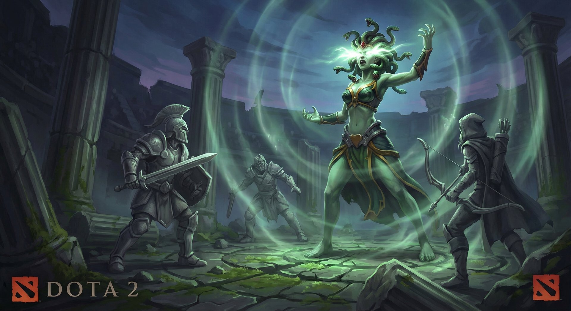 Medusa activating Stone Gaze ultimate ability, enemies turning to stone around her