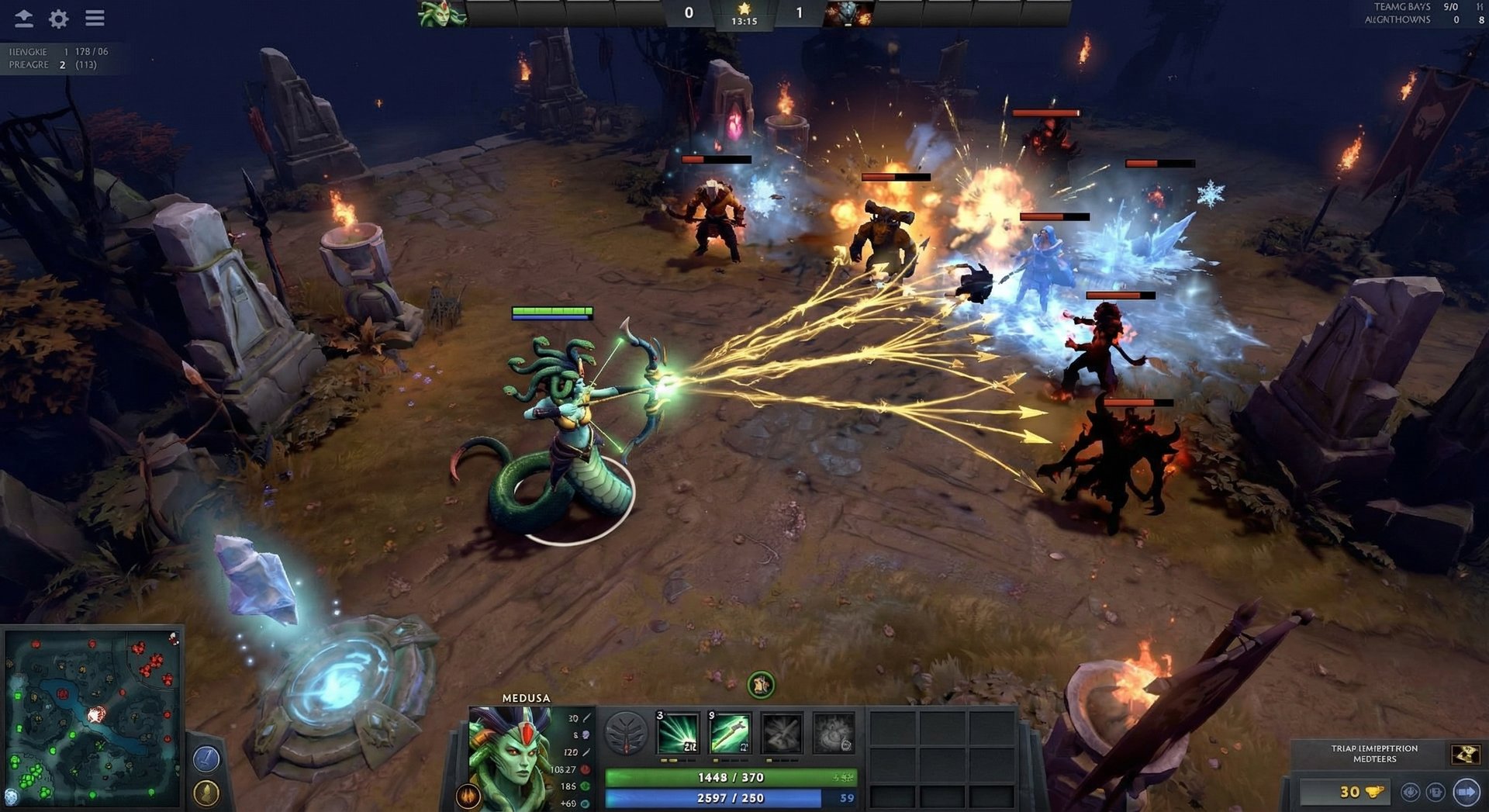 Medusa in a massive team fight with Split Shot arrows hitting multiple enemies