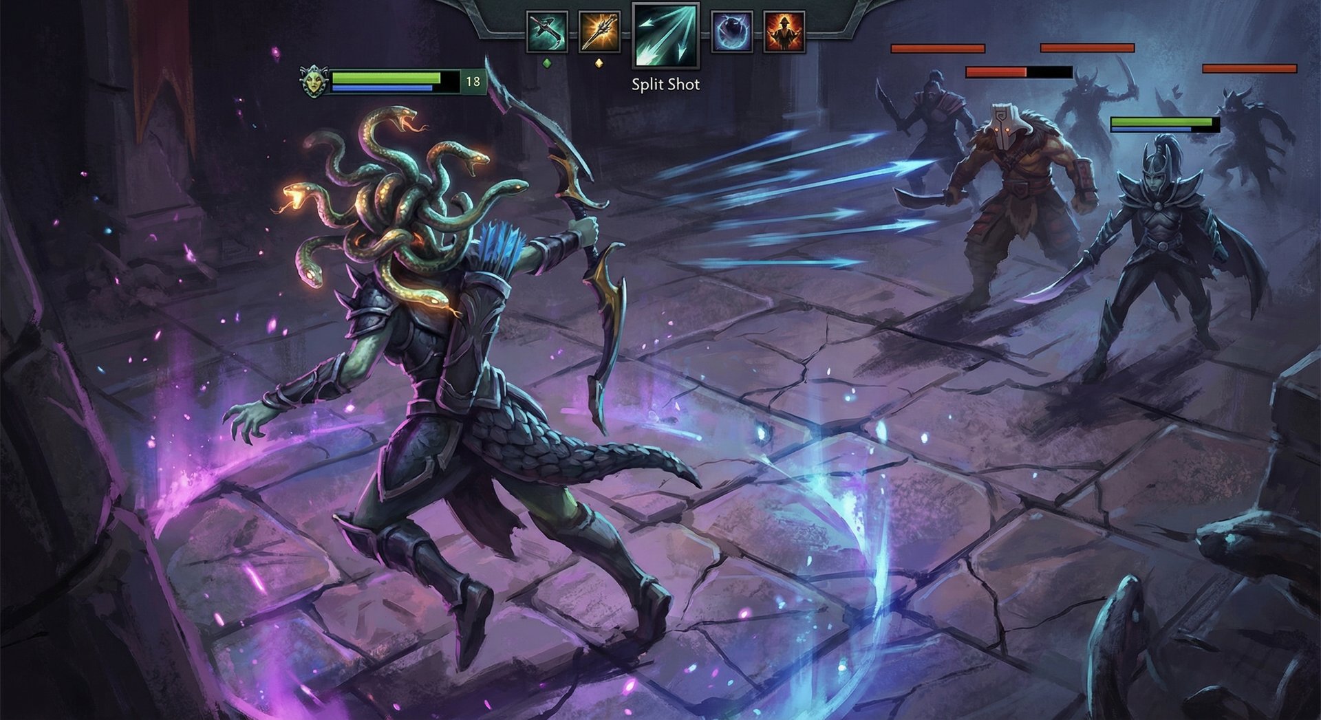 Medusa performing advanced Split Shot technique with multiple arrows in the air