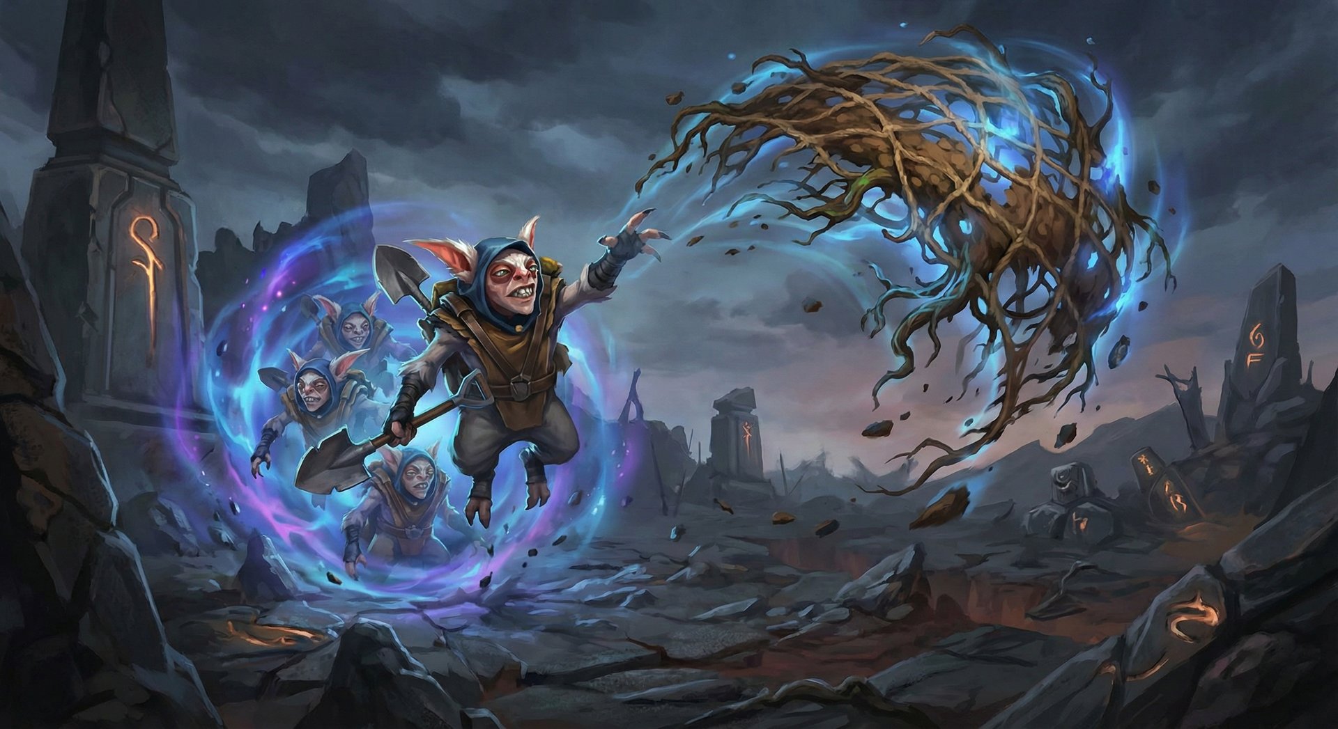 Meepo casting Earthbind net on enemies with clones preparing to poof in Dota 2