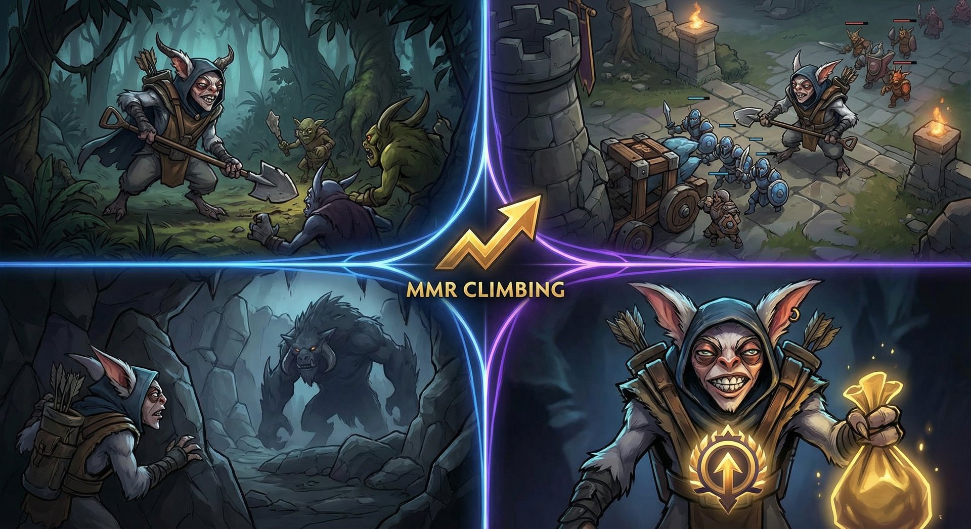 Meepo clones farming across different map locations for MMR rank climbing in Dota 2