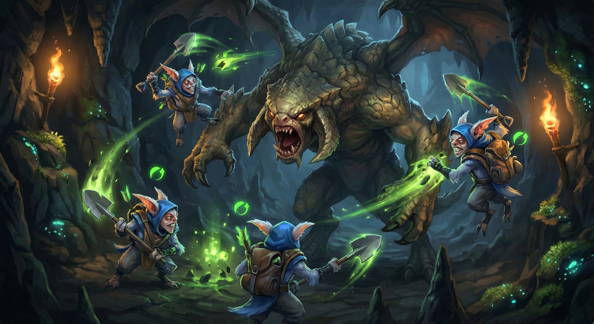 Meepo clones attacking Roshan in the pit with Ransack lifesteal effects in Dota 2