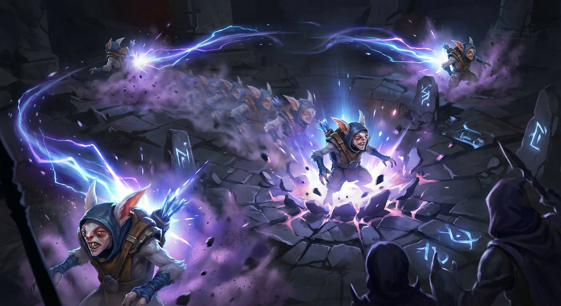 Meepo performing advanced poof combo with teleportation energy effects in Dota 2