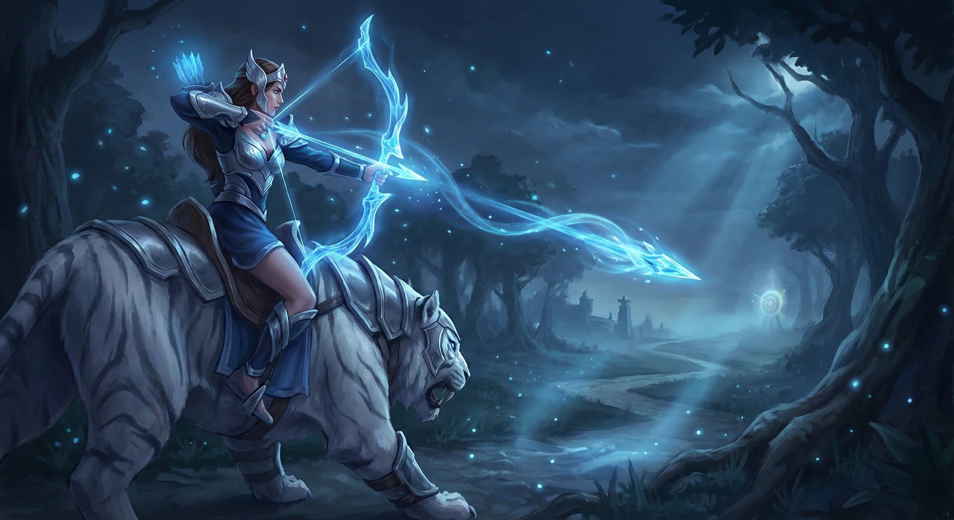 Mirana firing Sacred Arrow from her bow while riding her white tiger Sagan in Dota 2