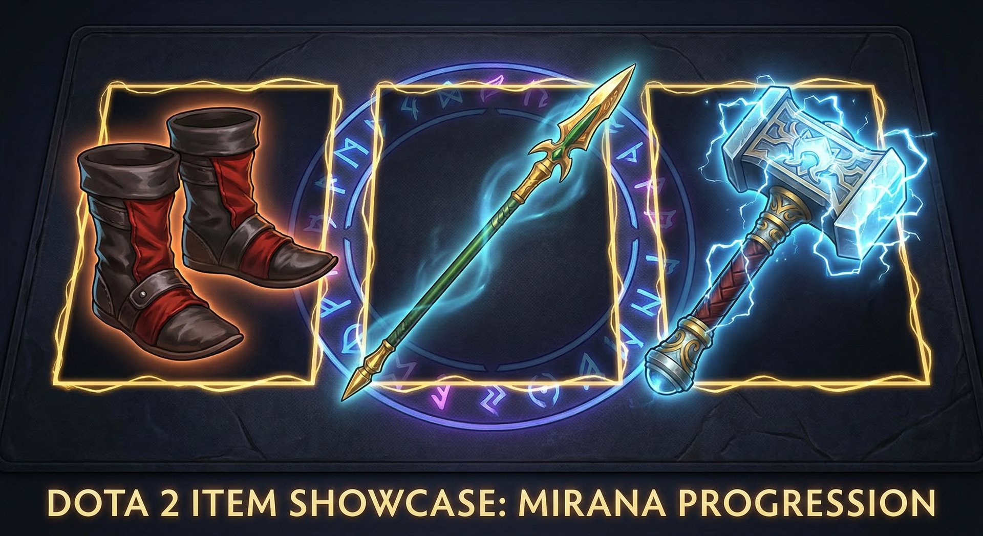 Mirana Dota 2 item build progression showing Dragon Lance Power Treads and Mjollnir