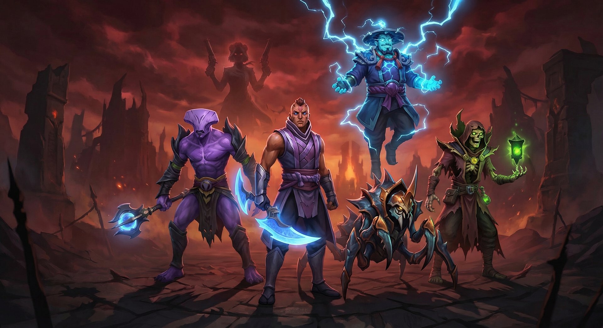 Dota 2 counter heroes lineup against Muerta, five heroes on dark menacing background