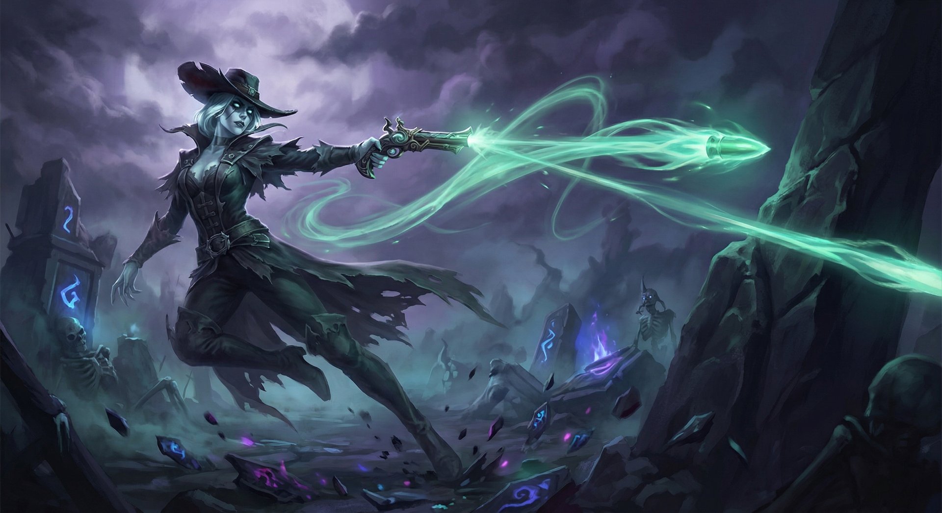 Muerta using Dead Shot ability in Dota 2, ghostly bullet ricochet with ethereal green energy