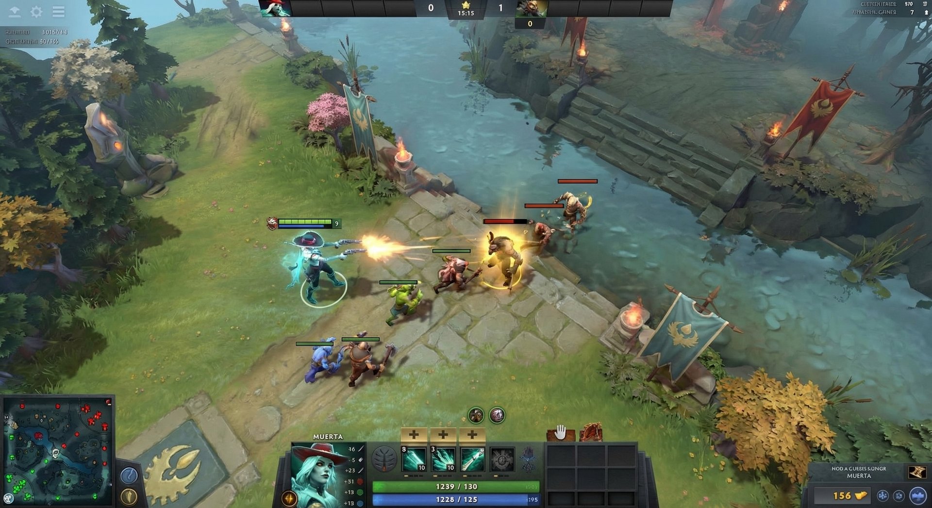 Muerta Dota 2 hero in laning phase, last hitting creeps in mid lane