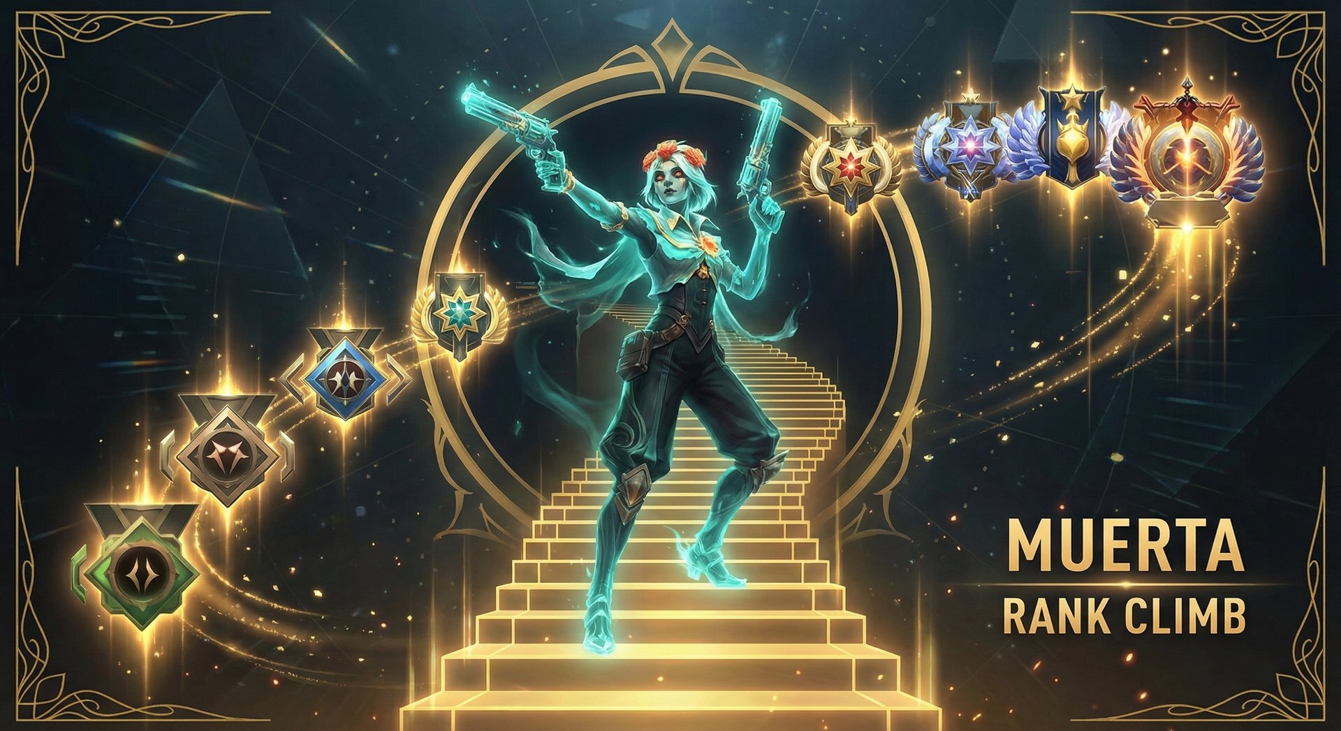 Muerta Dota 2 hero rank climbing visual, ascending through golden ranked tiers