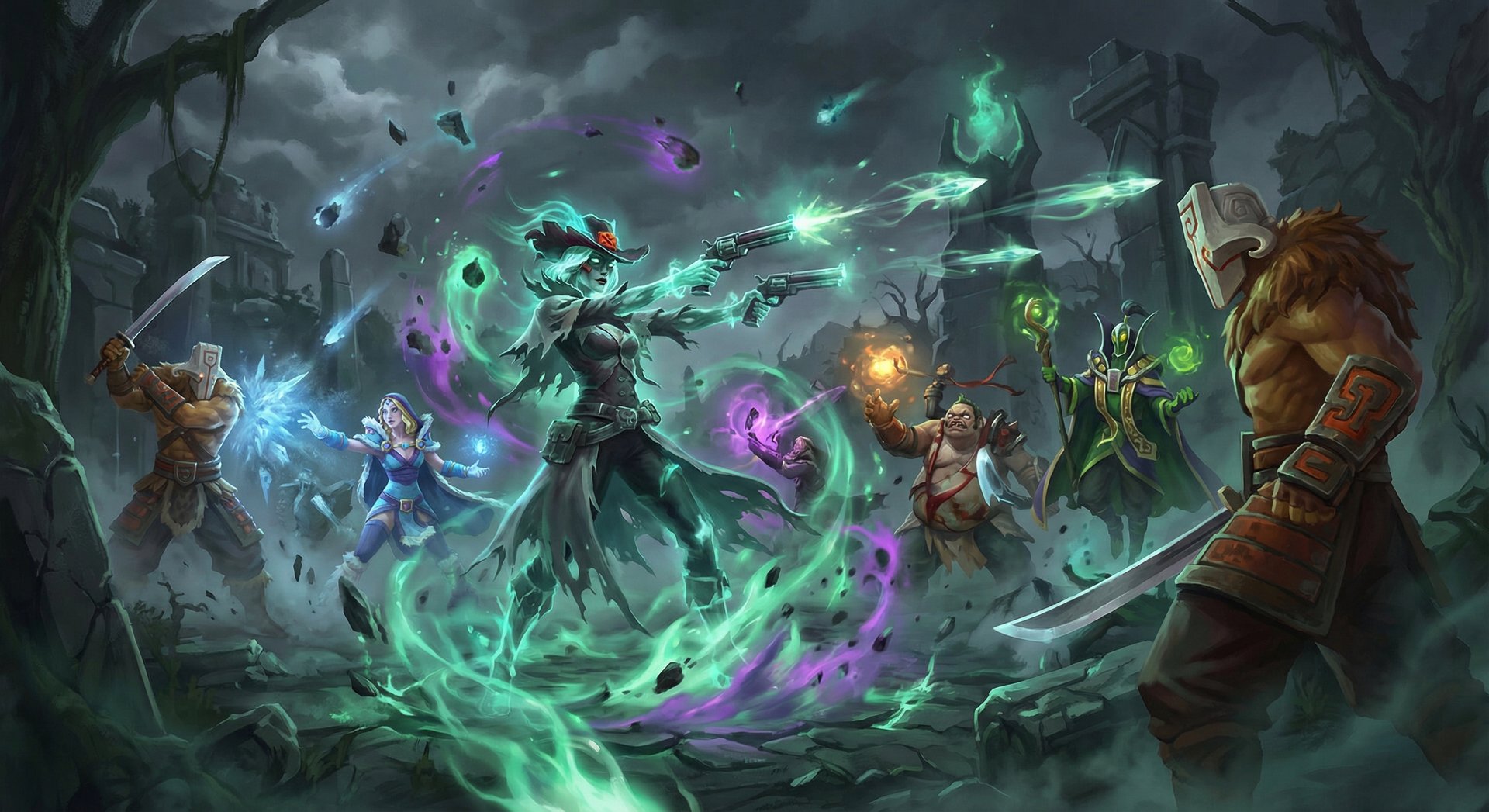 Muerta Dota 2 hero in massive team fight, firing ethereal shots in chaotic battle