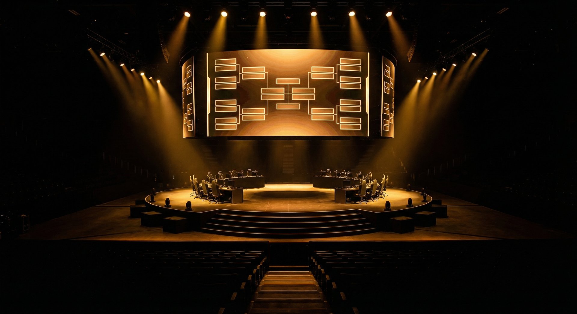 Dark esports arena with gold lighting and tournament brackets on screens