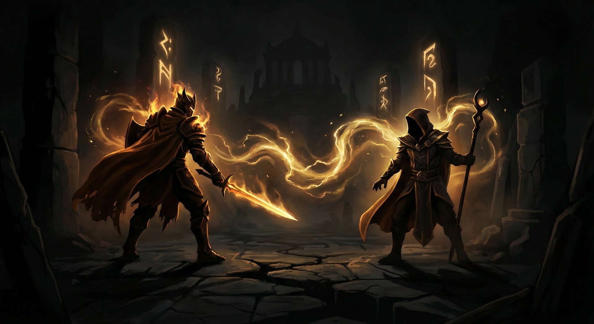 Dota 2 mid lane battle between two heroes with gold lighting effects