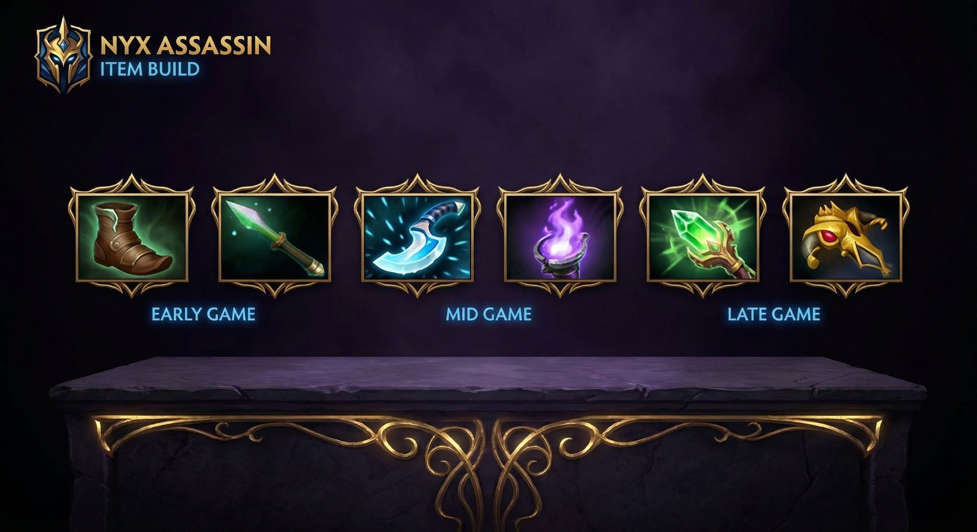 Nyx Assassin item build progression showing Blink Dagger Aghanim Scepter and Spirit Vessel