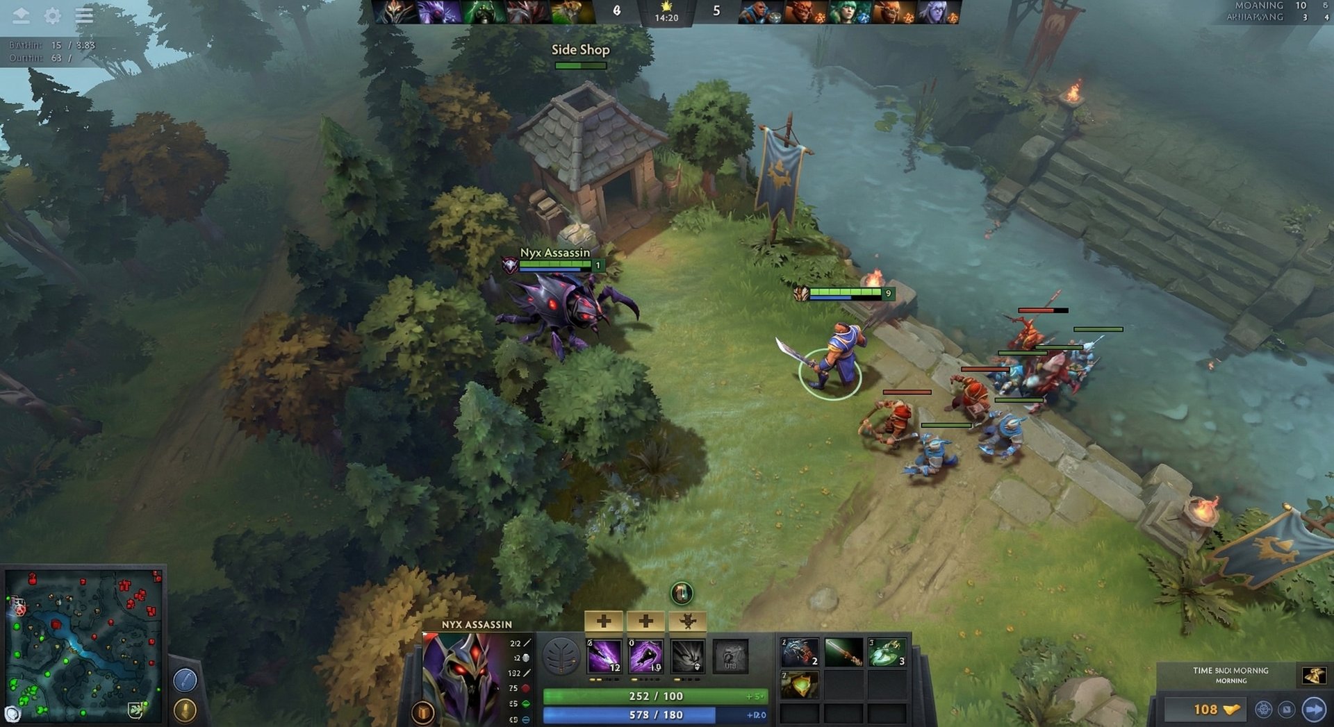 Nyx Assassin hiding in trees during laning phase watching enemy carry farm