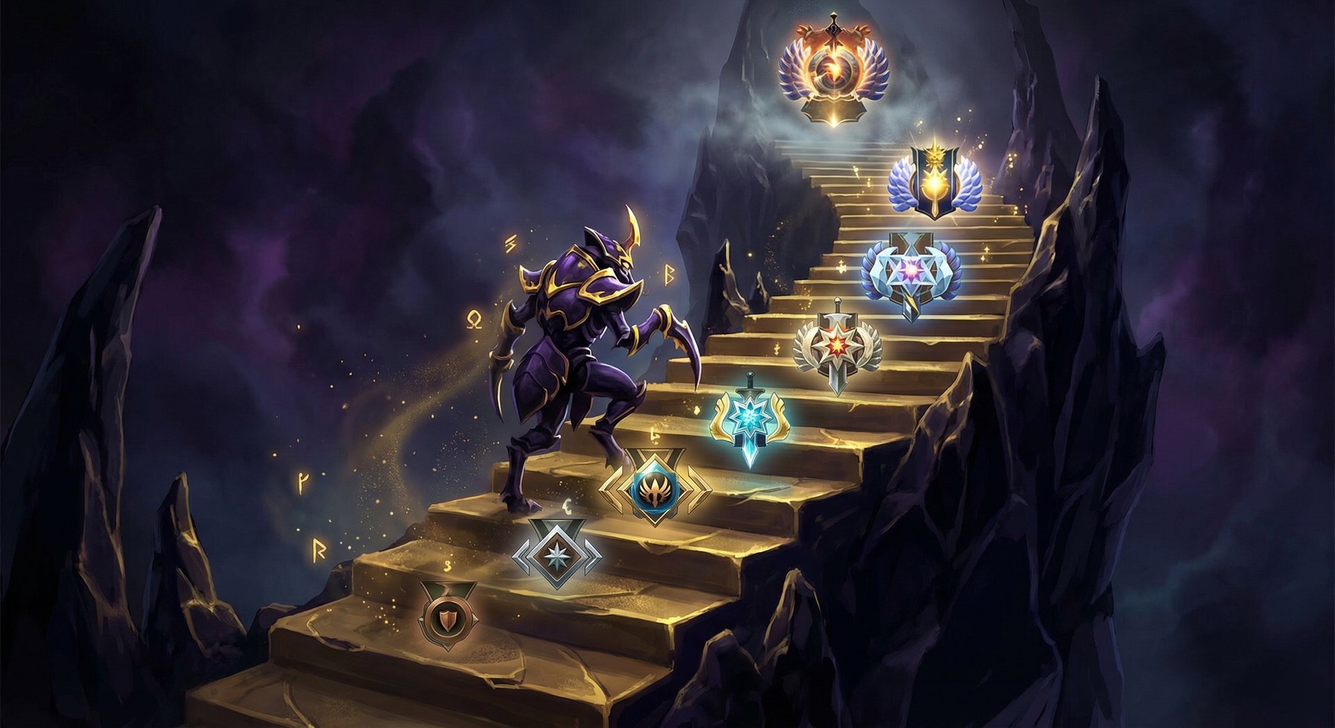 Nyx Assassin climbing through Dota 2 rank tiers from Herald to Immortal