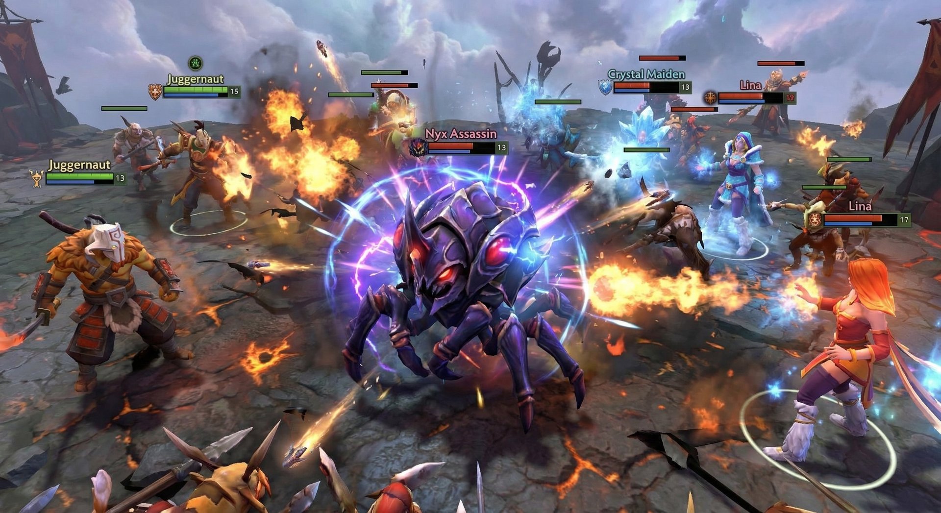 Nyx Assassin using Spiked Carapace in a chaotic Dota 2 team fight