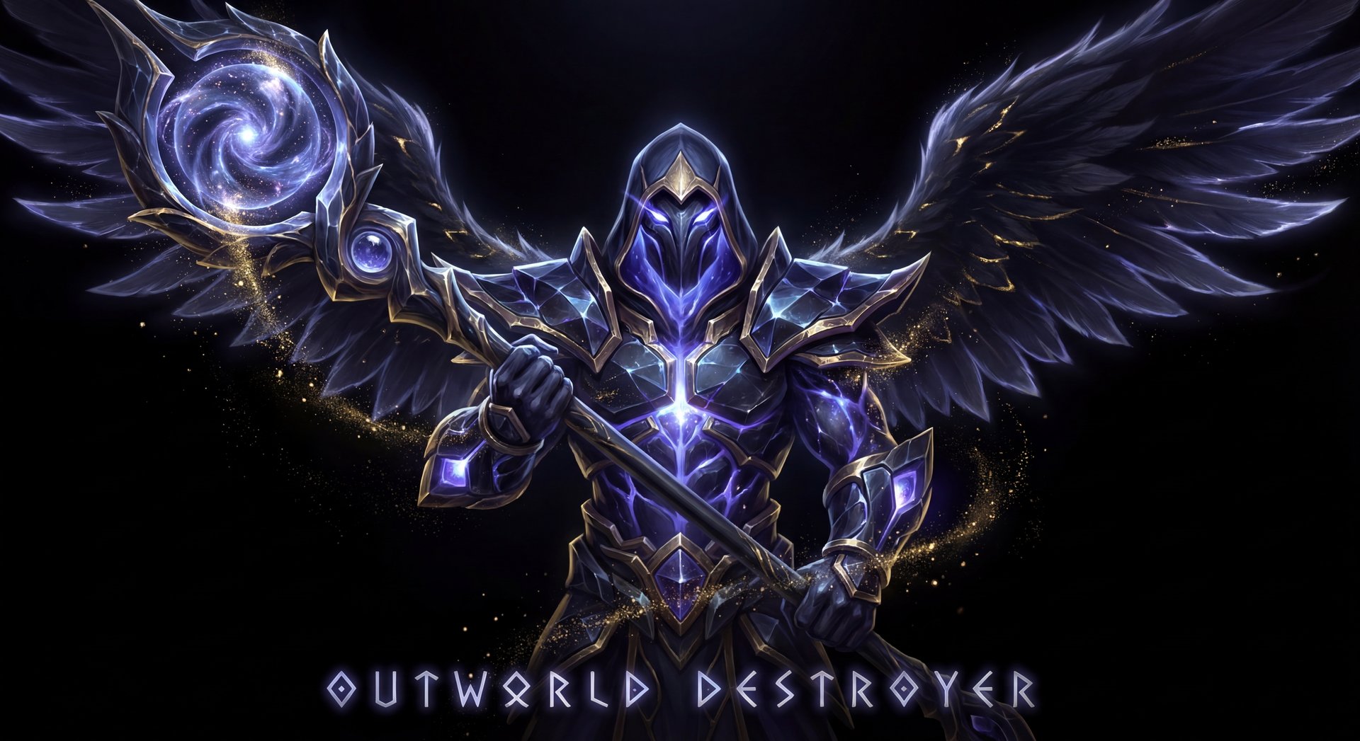 Outworld Destroyer Dota 2 cinematic portrait with gold accents on black background