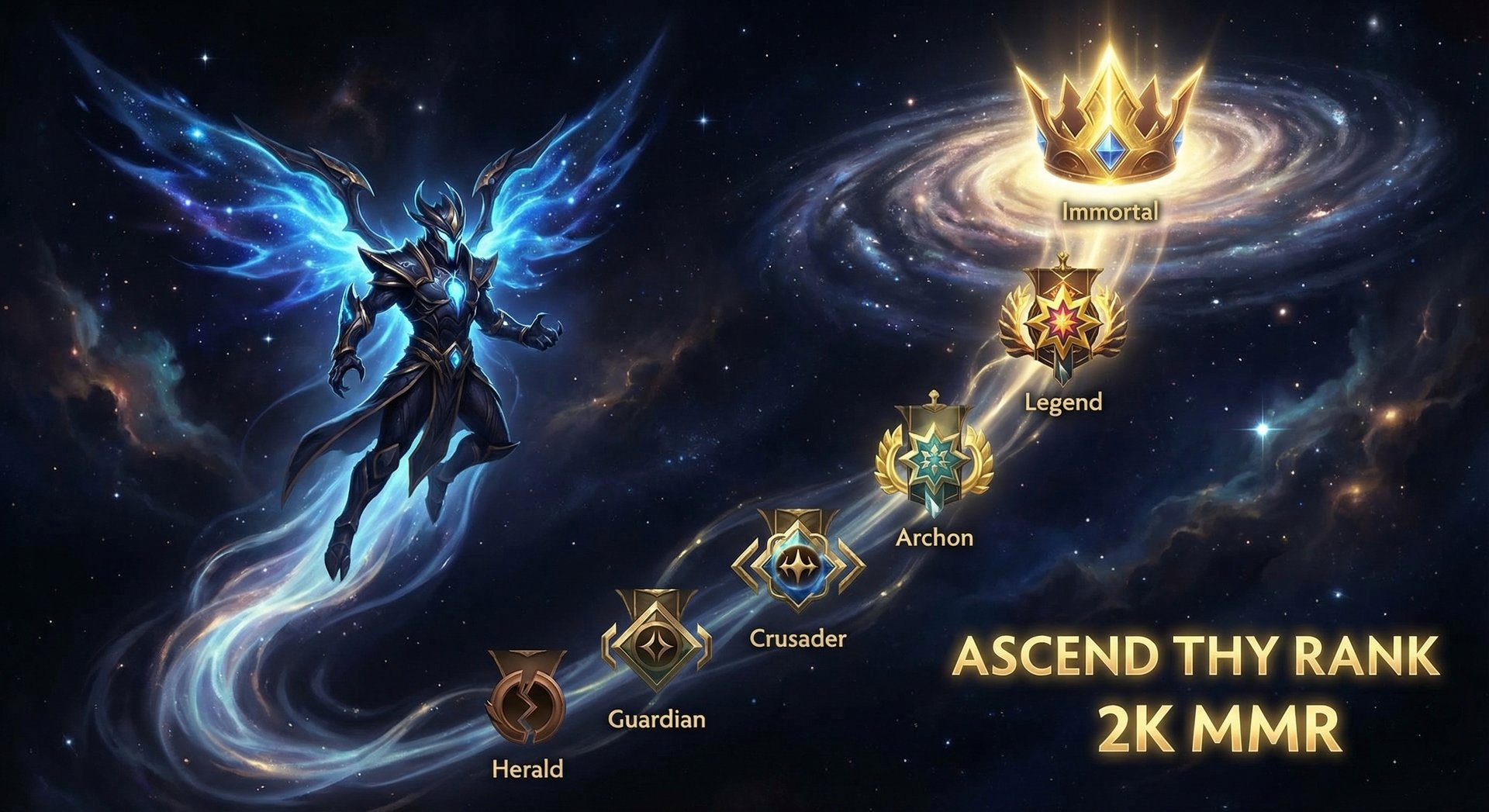 Outworld Destroyer rank climbing visual from Herald to Immortal with gold accents