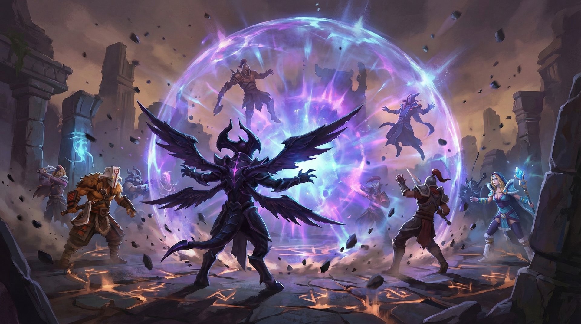 Outworld Destroyer casting Sanity Eclipse in team fight devastating enemy team