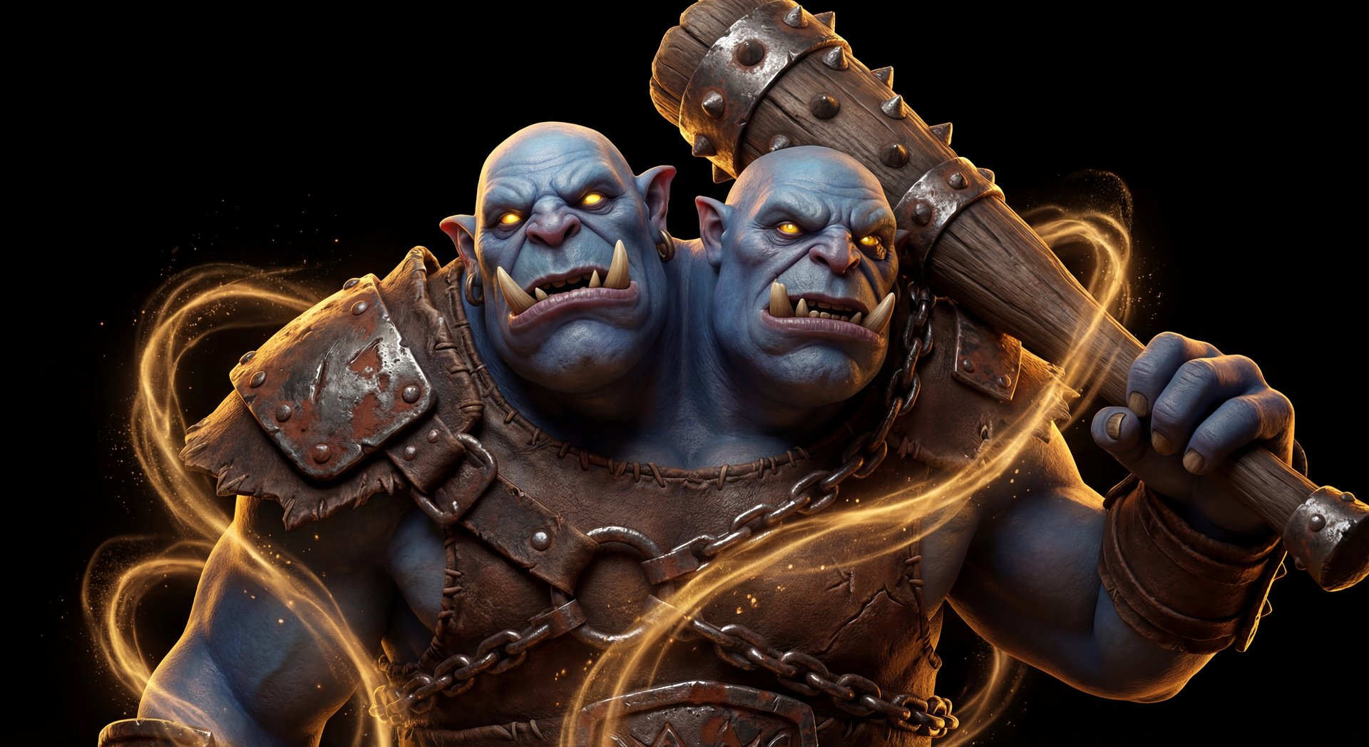 Ogre Magi cinematic portrait with gold accents on black background