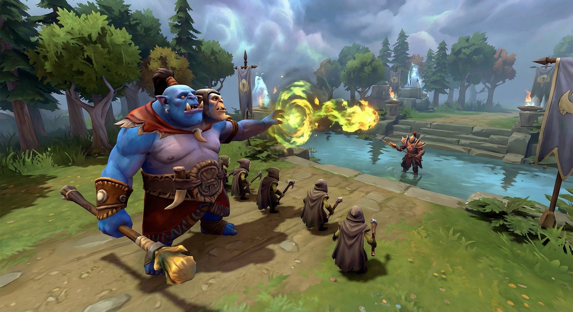 Ogre Magi in Dota 2 lane near creeps casting Ignite spell