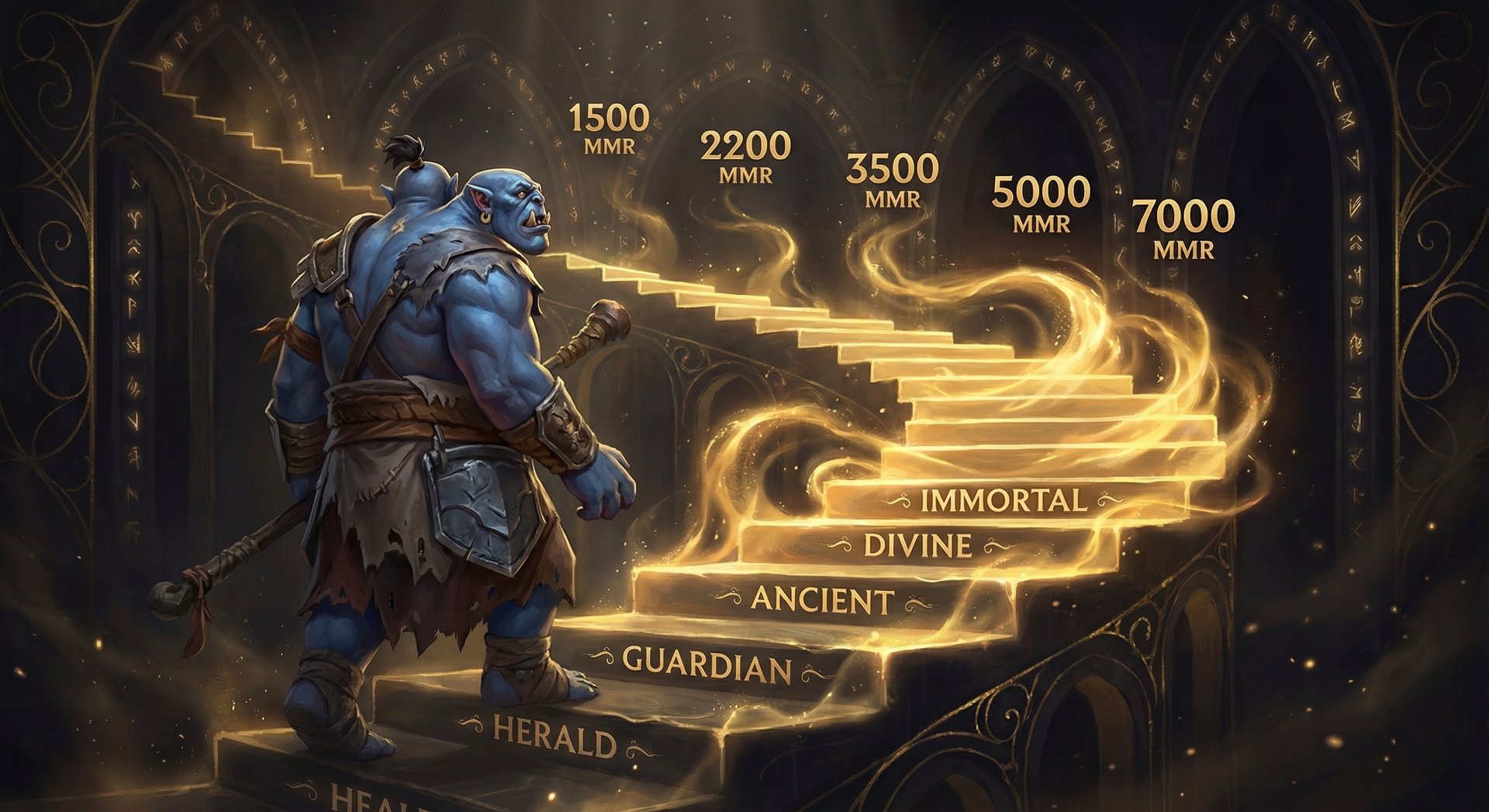 Ogre Magi climbing through ranked tiers from Herald to Immortal with gold energy steps