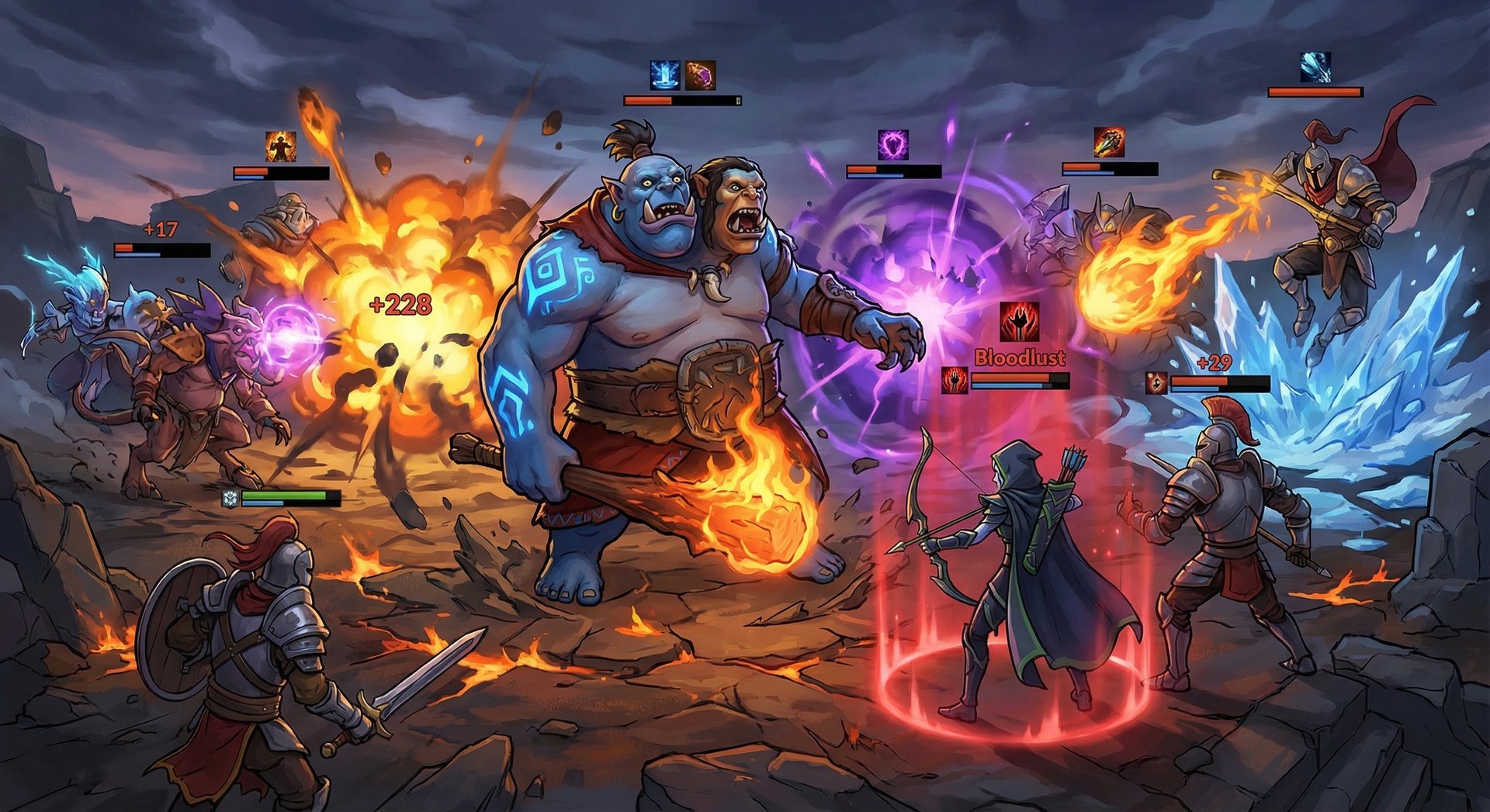 Ogre Magi in an epic Dota 2 team fight swinging his club amid spell effects