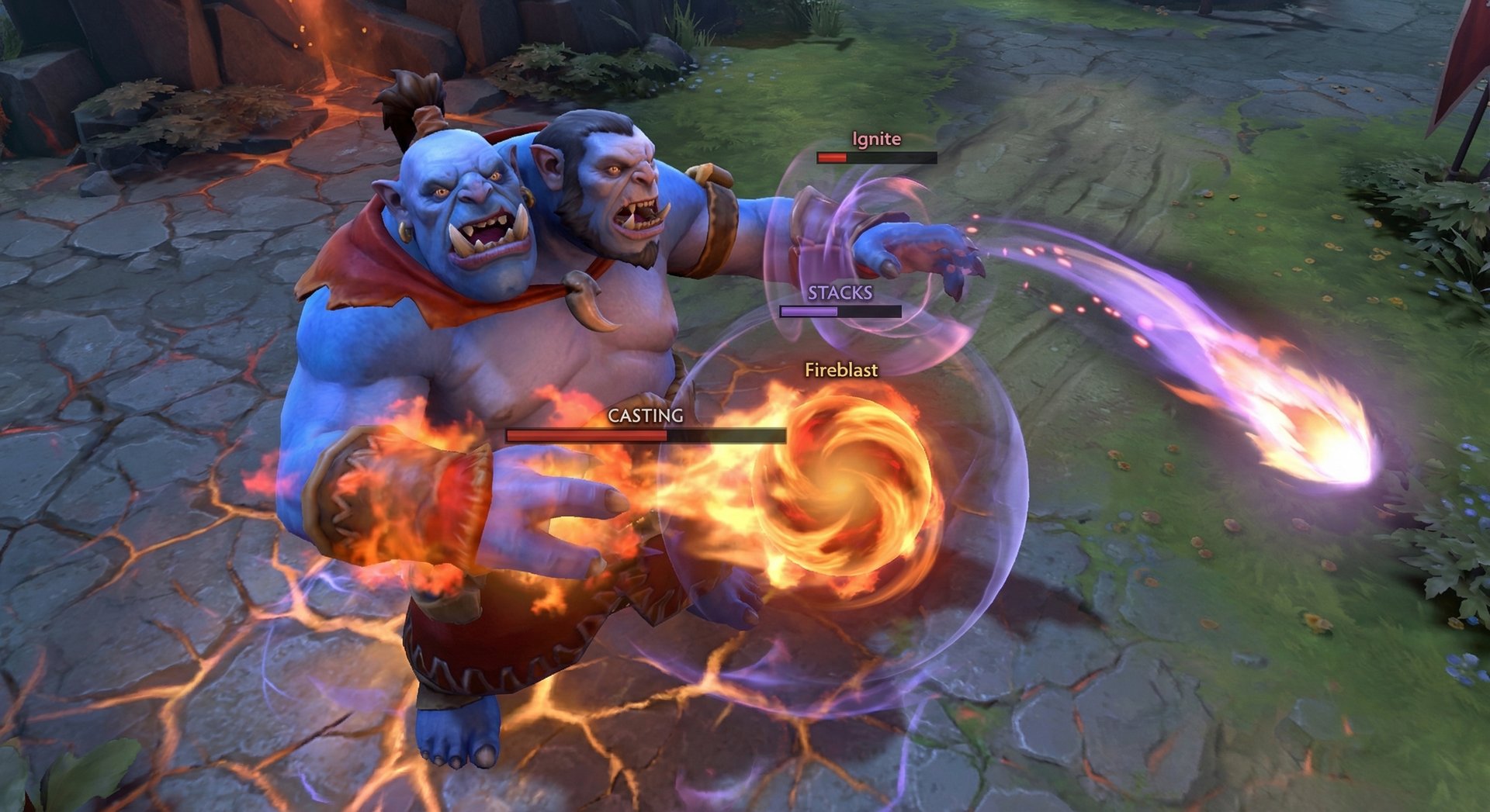Ogre Magi performing an advanced Fireblast and Ignite animation cancel technique