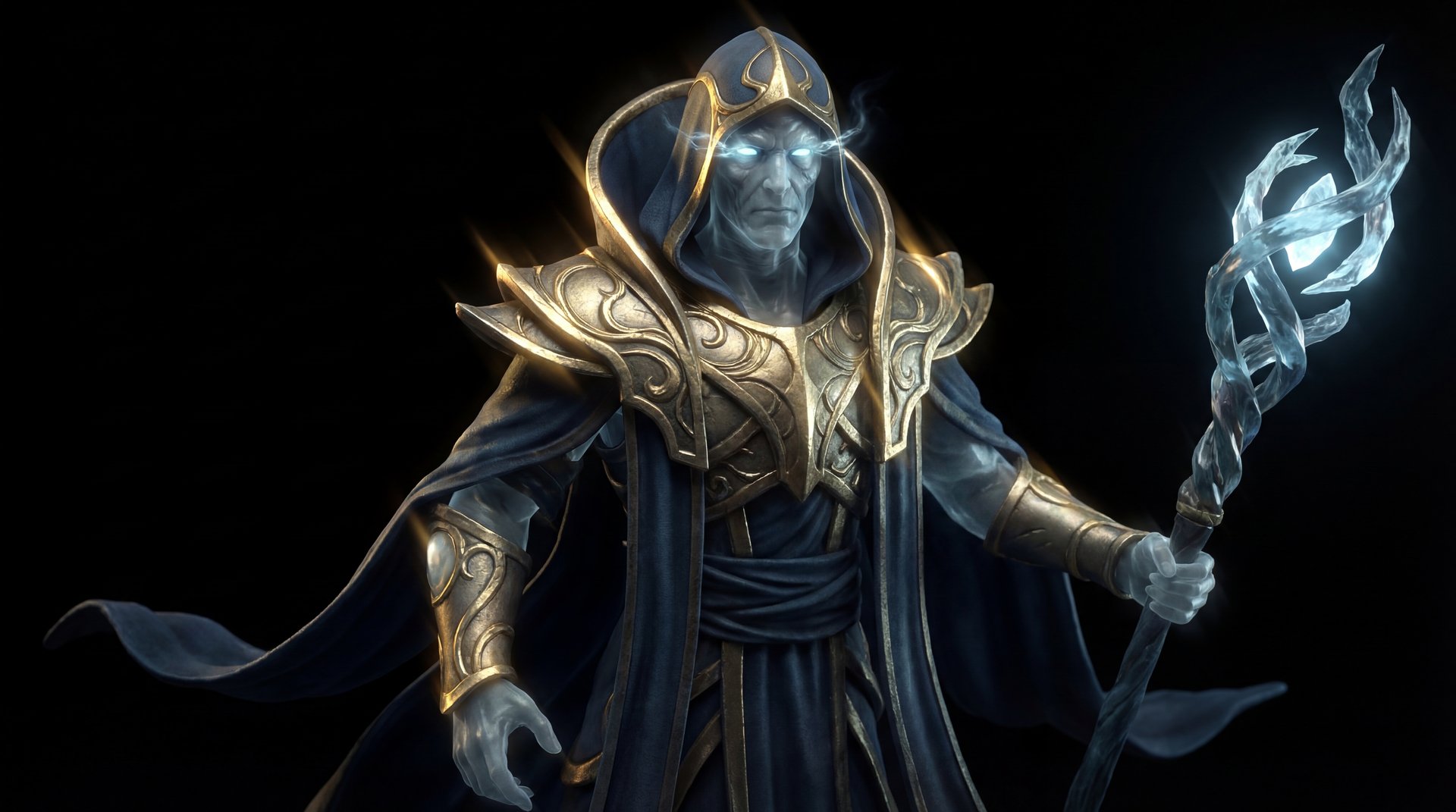 Oracle Dota 2 cinematic portrait with gold accents on black background