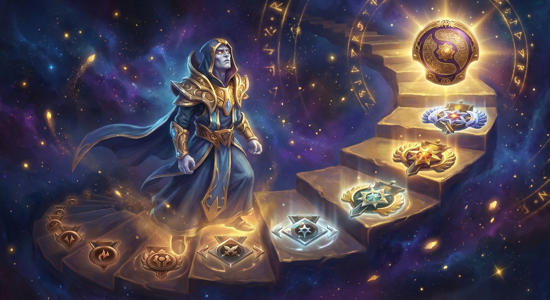 Oracle ascending through Dota 2 ranked tiers from Herald to Immortal